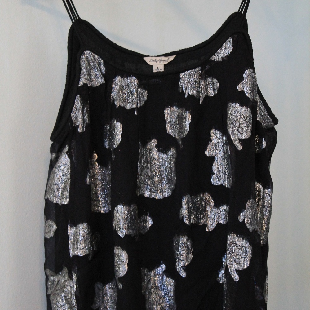 NWT Lucky Brand Black Sheer Silver Flower Top